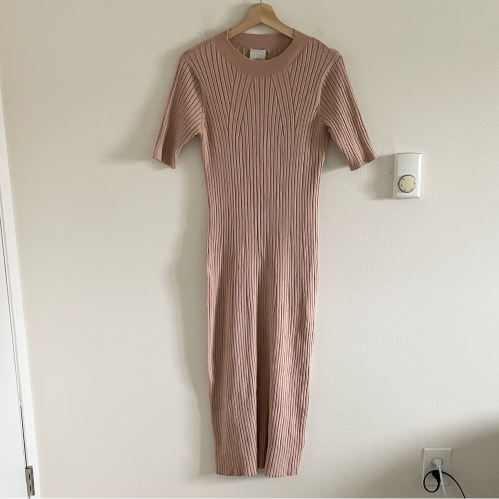 Varley Maeve Ribbed Knit Midi Dress Women’s XL Warm Taupe Neutral Short Sleeve - Picture 6 of 13